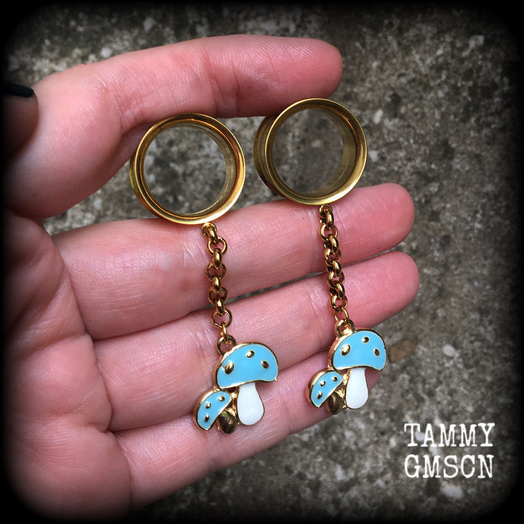 Blue meanies tunnel earrings-Mushrooms earrings