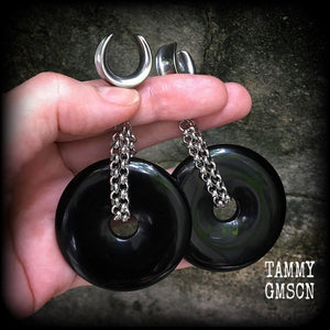 Black obsidian gauged earrings-Cradle weights