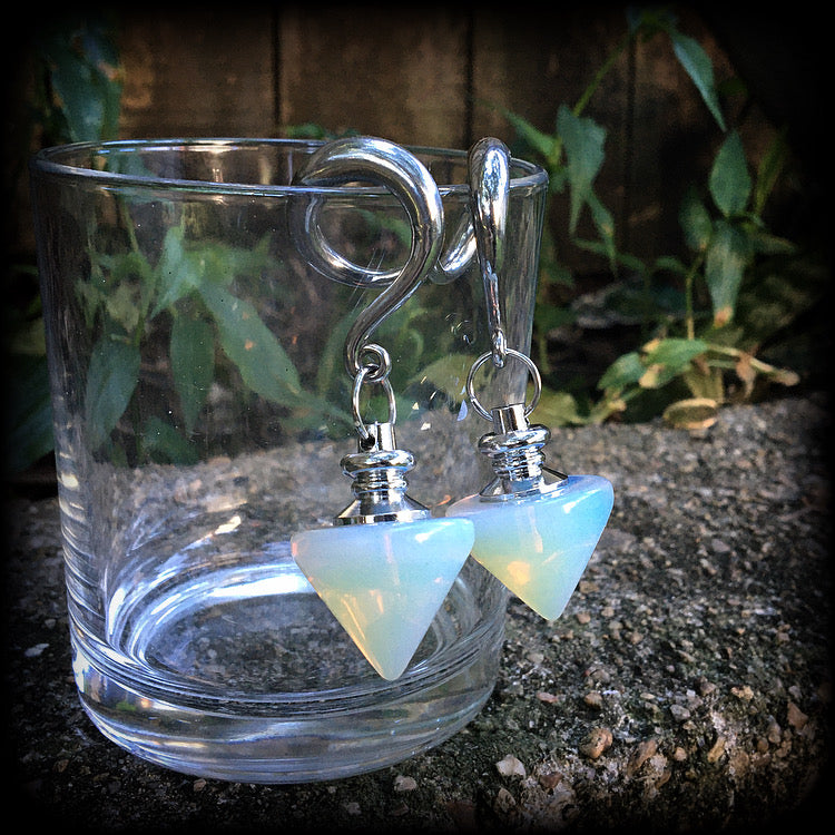 Opalite pendulum gauged earrings-Gemstone ear hangers