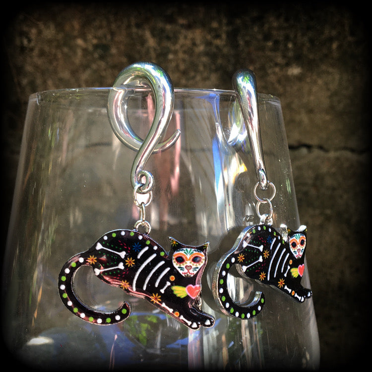 Day of the Dead cat gauged earrings-Halloween earrings