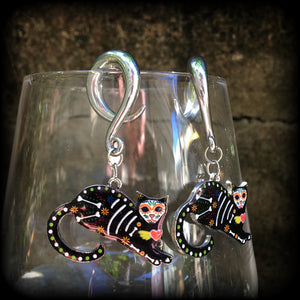 Day of the Dead cat gauged earrings-Halloween earrings