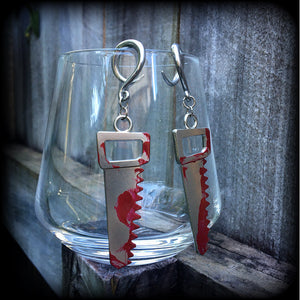 Bloodied bone saw ear hangers-Halloween earrings