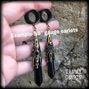 Black obsidian tunnel dangles-Gemstone ear gauges