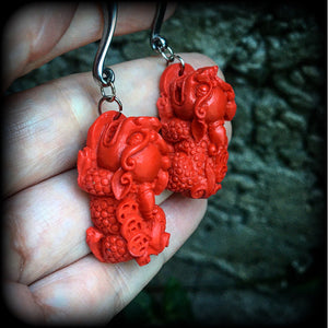 Gorgeous red cinnabar Pixiu gauged earrings available on a range of hooks and clasps for pierced ears and stretched lobes