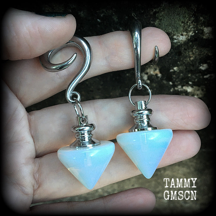 Opalite pendulum gauged earrings-Gemstone ear hangers