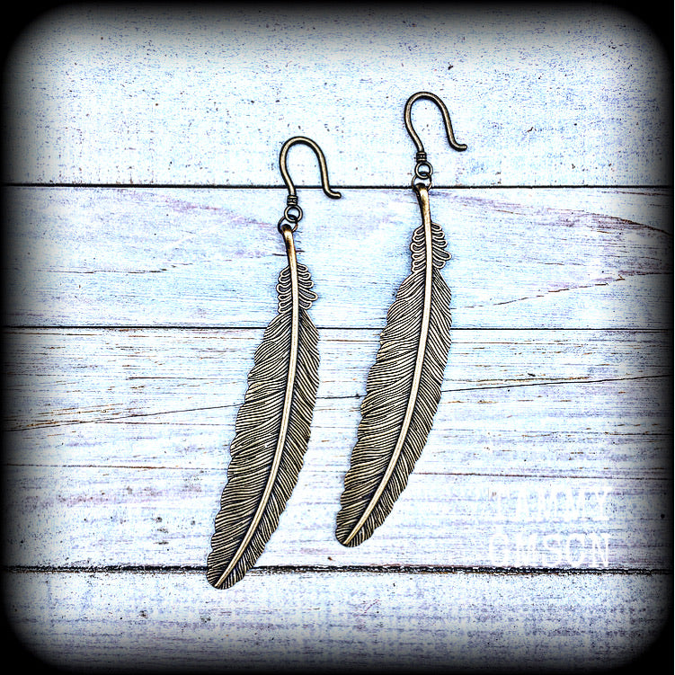 Bronze feather earrings-Harpy ear hangers