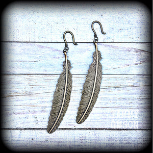 Bronze feather earrings-Harpy ear hangers