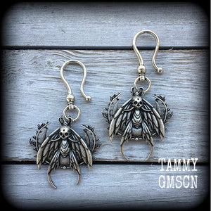 Deaths head moth earrings Insect earrings Ear hangers Tunnel dangles Tunnel friendly Crescent moon 2 gauge ear weights Gauged earrings Stretched ears Stretched lobes Gauged ears Insect ear weights Moth ear weights Deathshead moth jewllery Moss goth
