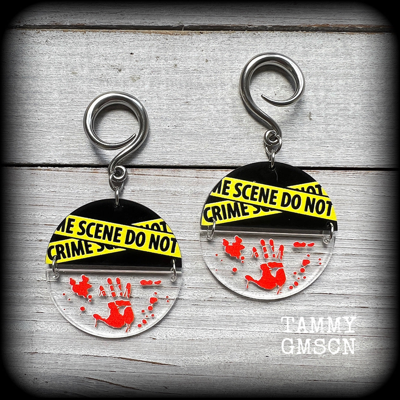 Horror earrings Crime scene earrings Halloween earrings 6 gauge ear weights Horror punk earrings 4mm 6mm 8mm 10mm 12mm 14mm 16mm 19mm 22mm 25mm 28mm 30mm Real life crime Crime scene clean up Spaulding Gauged earrings Stretched lobes Stretched ears Gauged ears 