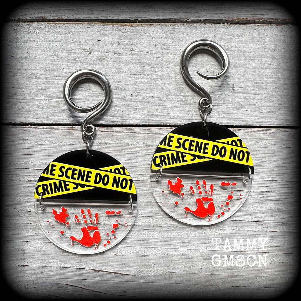 Horror earrings Crime scene earrings Halloween earrings 6 gauge ear weights Horror punk earrings 4mm 6mm 8mm 10mm 12mm 14mm 16mm 19mm 22mm 25mm 28mm 30mm Real life crime Crime scene clean up Spaulding Gauged earrings Stretched lobes Stretched ears Gauged ears 