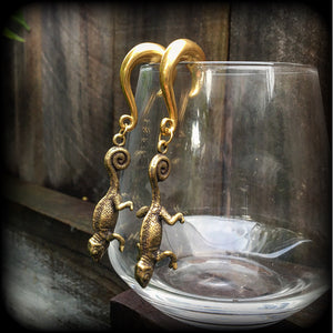 These earrings are brass chameleon lizards hanging by their tail, pictured here with our half curl hooks. Choose from 4 different style hooks for lobes stretched up to 30mm.