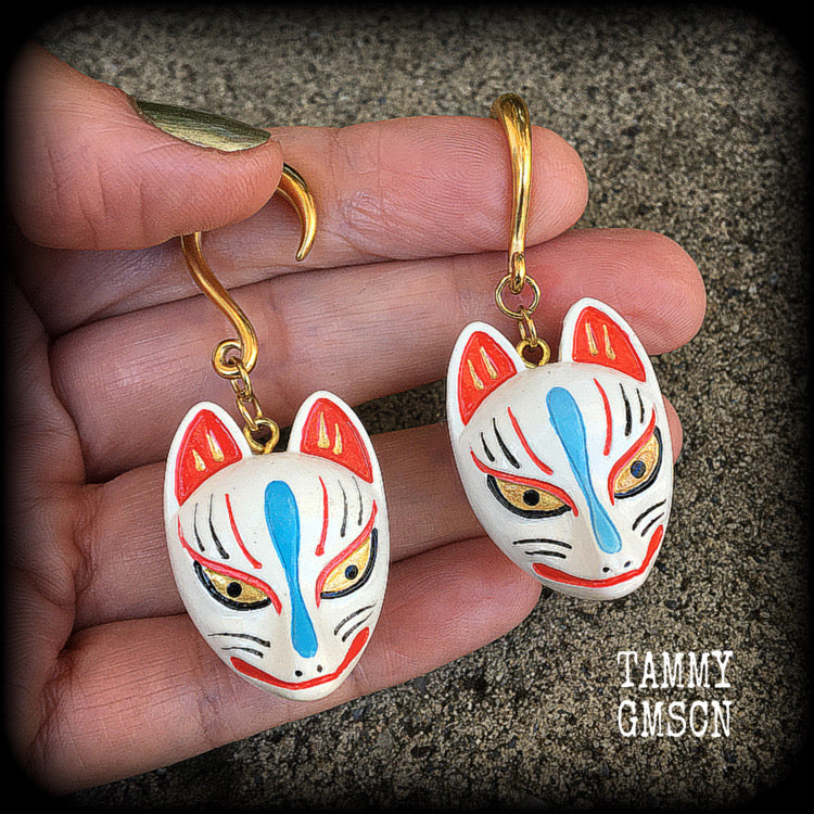 White kitsune gauged earrings-Wood earrings