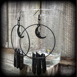 Black quartz and crescent moon hoop earrings