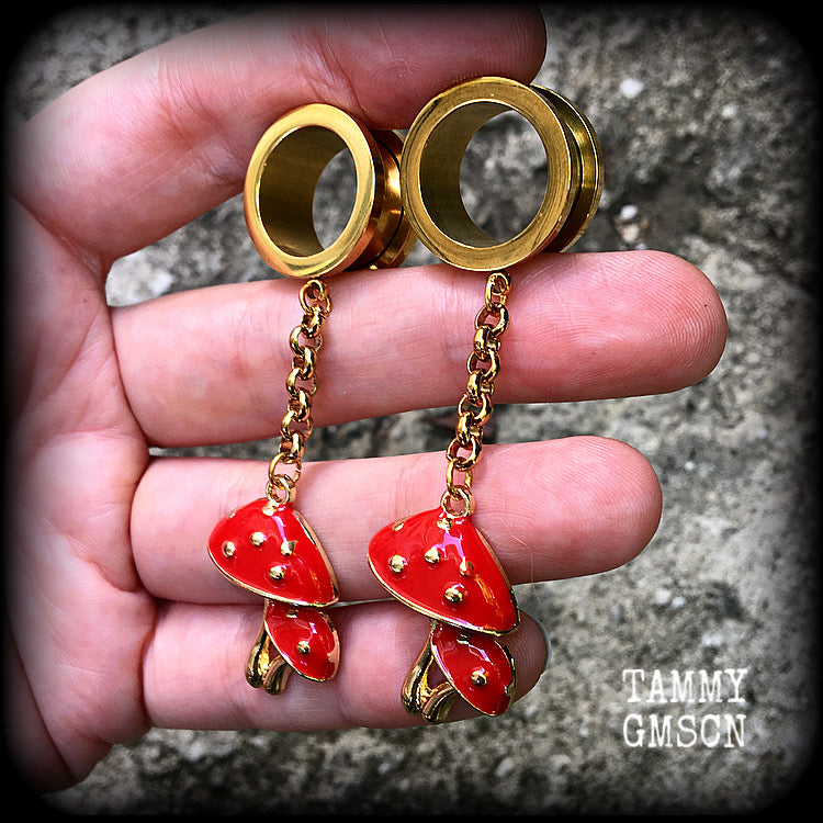 Red toadstool tunnels-Mushrooms tunnel earrings