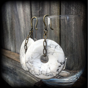 White stone and antique bronze gauged earrings-Ear weights