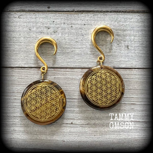 Tigers eye gemstone gauged earrings-Flower of life ear weights