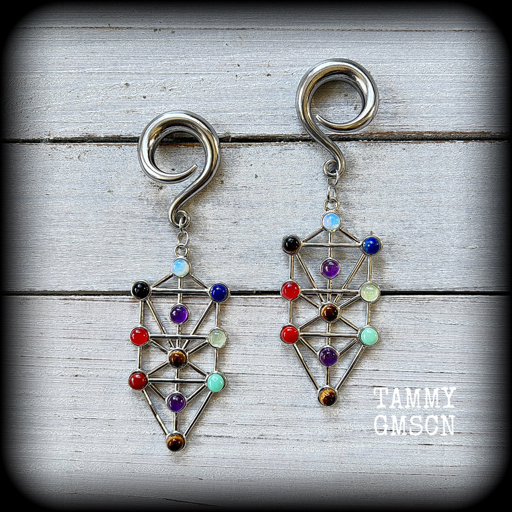 Gemstone Tree of life gauged earrings-Kabbalah-Qabalah jewelry