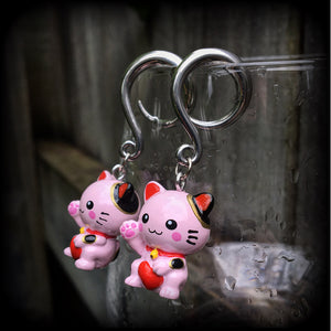 Pink Maneki Neko gauged earrings