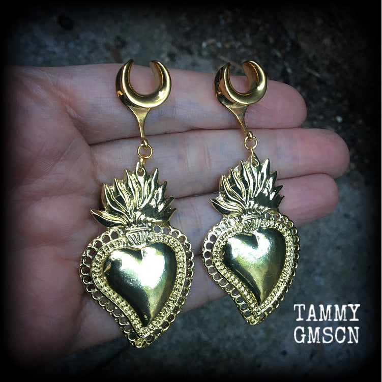 Antique gold sacred heart flaming heart ear hangers for stretched lobes, available on a range of hooks from 4mm up to 30mm.