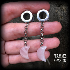 Rose quartz crescent moon tunnel dangles