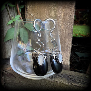 Black obsidian and crescent moon gauged earrings