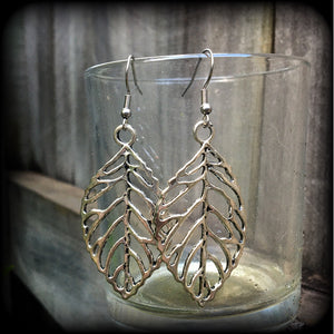 These beautiful earrings feature an antique silver skeleton leaf, measuring just on 7cms from tip to tip, and weighing approx 6 grams each.
This pair have been made on stainless steel french hooks, suitable for pierced ears.