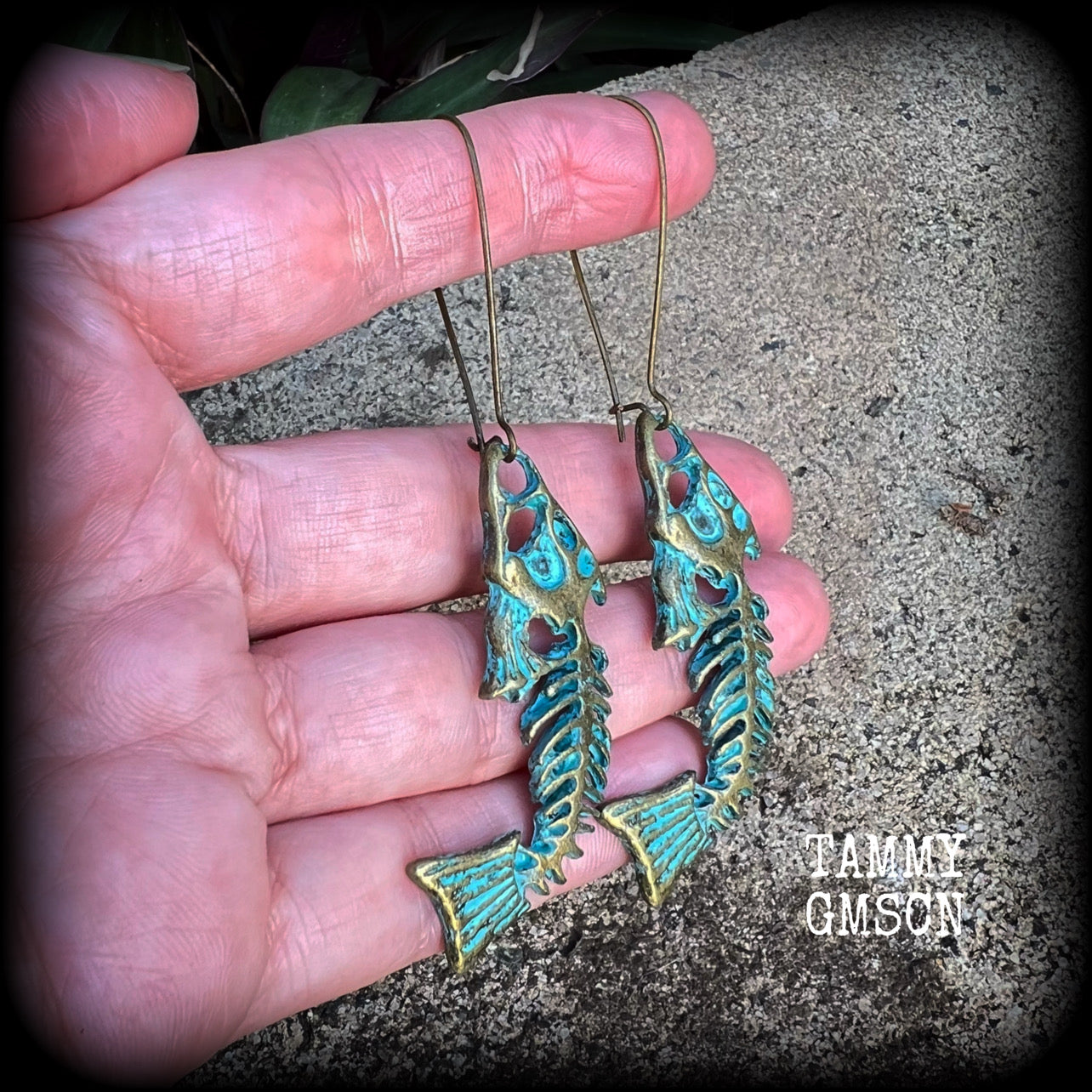 Patina fish skeleton earrings