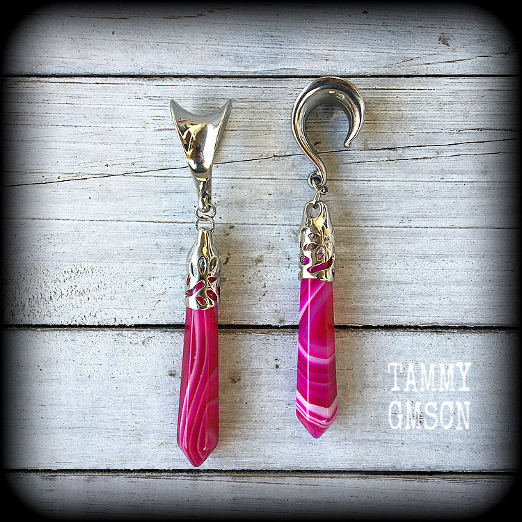 Pink agate gauged earrings