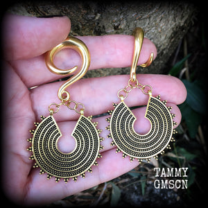 Antique gold Ishtar disc gauged earrings