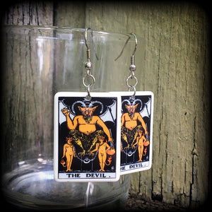 These earrings feature a lightweight Rider Waite ‘The Devil’ tarot card charm, measuring just over 6cms from tip to tip and weighing only a few grams each.

This pair has been made with stainless steel french hooks, for pierced ears.