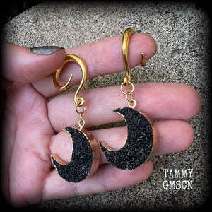 Black druzy crescent moon gauged earrings-Gemstone ear hangers