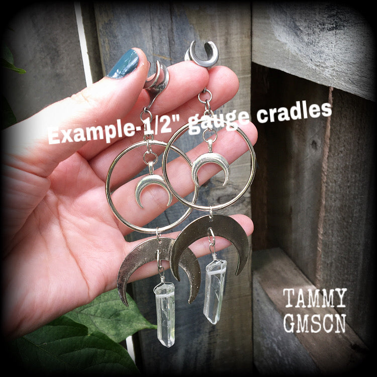 Crescent moon and faux crystal gauged earrings