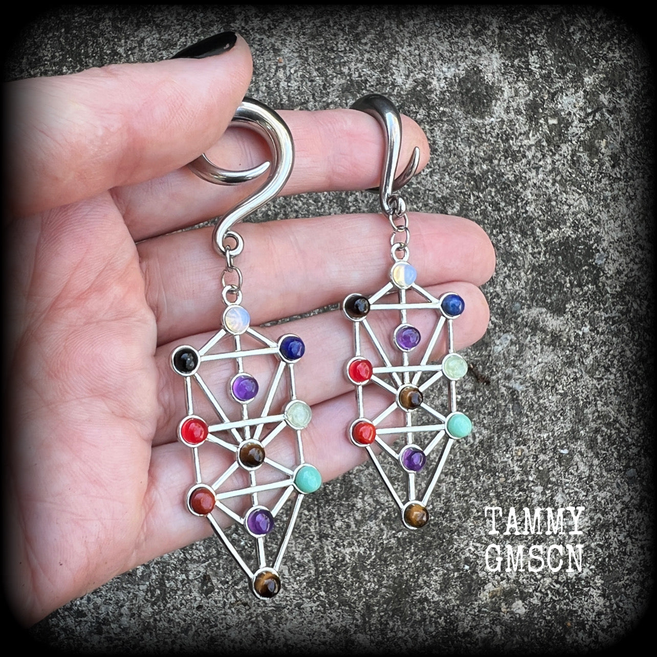 Gemstone Tree of life gauged earrings-Kabbalah-Qabalah jewelry