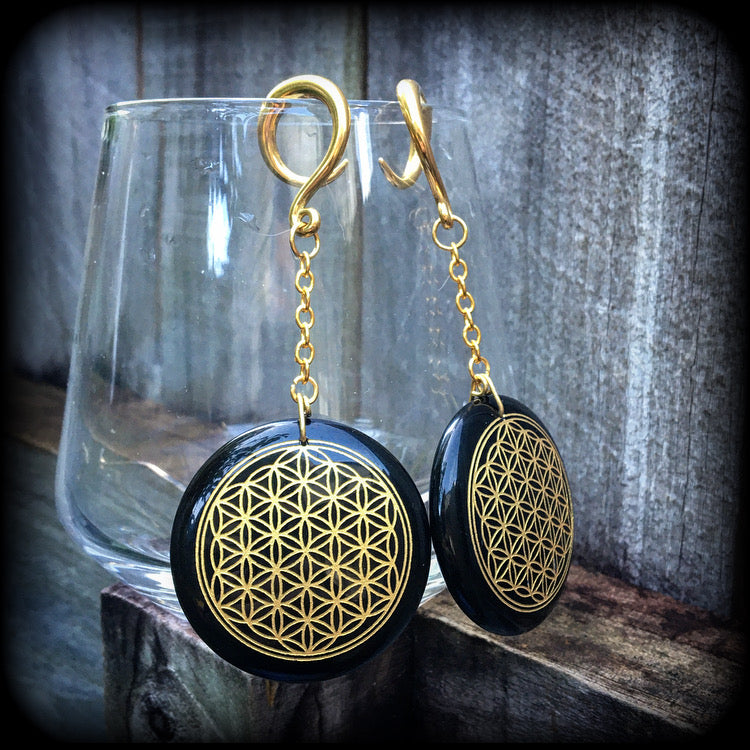 Black obsidian gauged earrings-Flower of life earrings