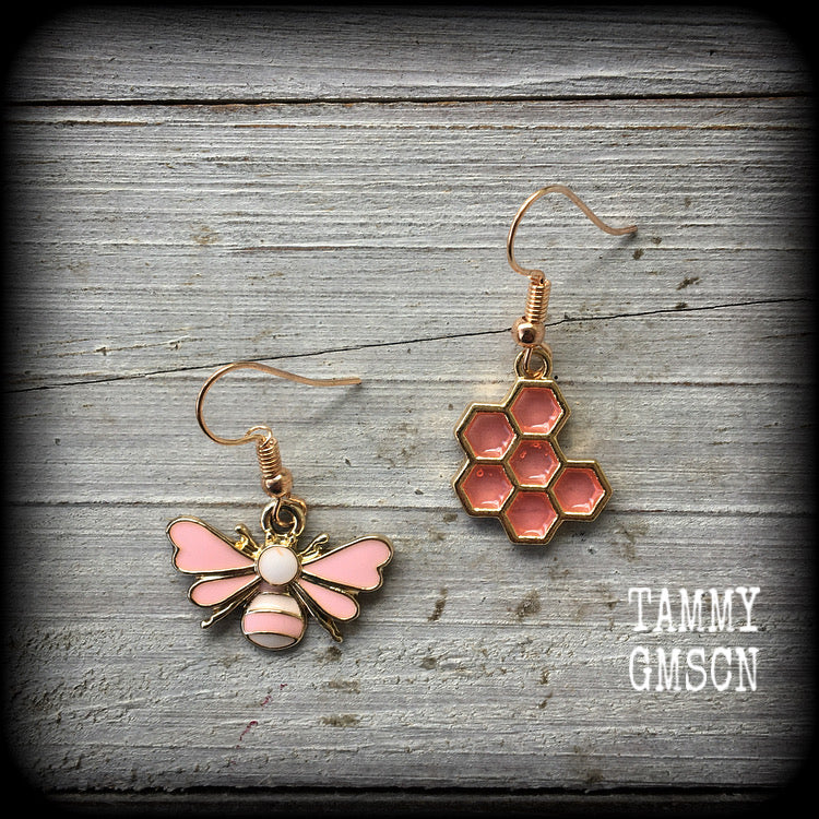 Pink bee and beehive earrings