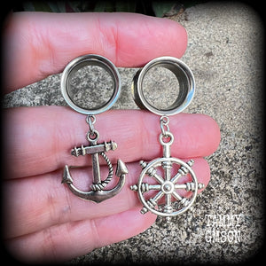 Anchor and Ships wheel tunnel earrings