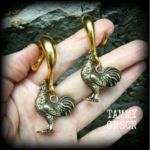 Brass rooster ear weights-Gauged earrings