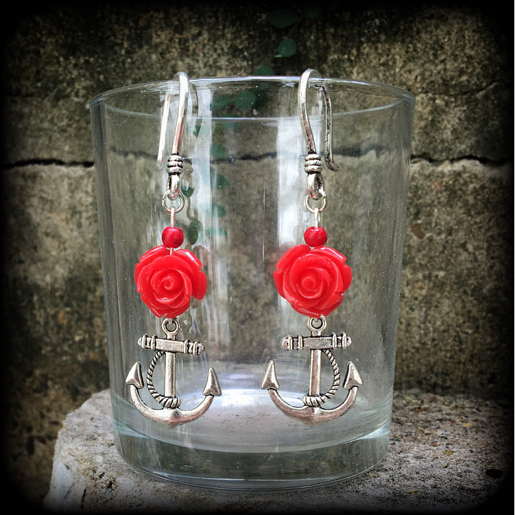 Red rose and silver anchor earrings