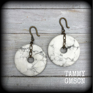 White stone and antique bronze gauged earrings-Ear weights