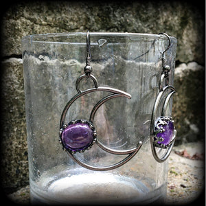 Amethyst moon earrings-Crescent moon earrings