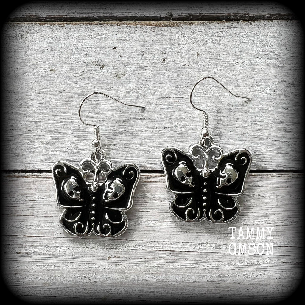 Skull butterfly earrings-Gothic earrings