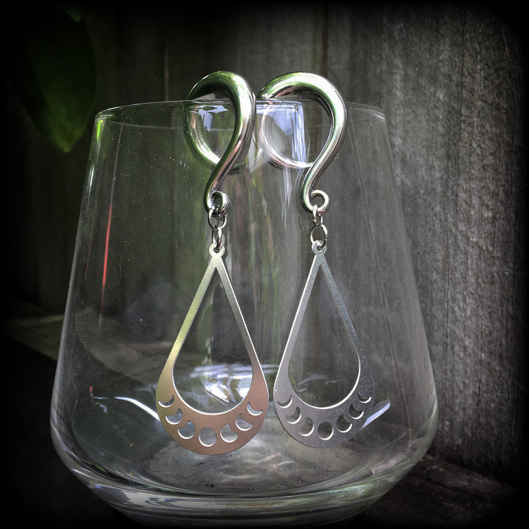 These gorgeous earrings feature stainless steel tear drop moon phase charms, measuring just on 7cms from tip to tip, and weighing only 8 grams each, not too heavy.

These gauged earrings have been made on 2 gauge (6mm) surgical steel full curl hooks, to be worn in stretched lobes.