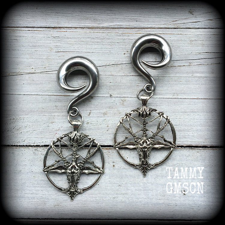 Antique silver Baphomet gauged earrings-Occult ear hangers