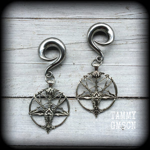 Antique silver Baphomet gauged earrings-Occult ear hangers