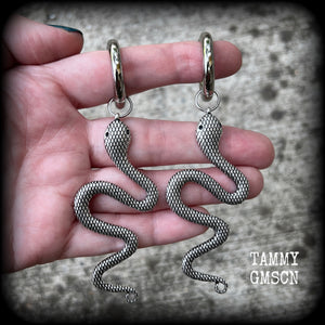 Silver snake gauged hoop earrings-Snap rings