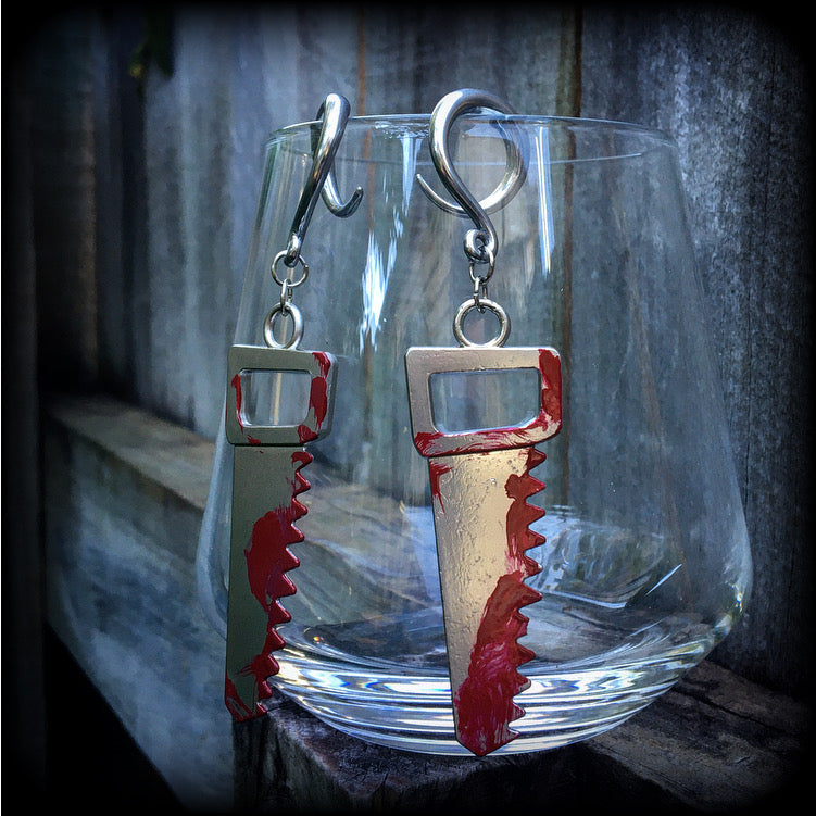 Bloodied bone saw ear hangers-Halloween earrings