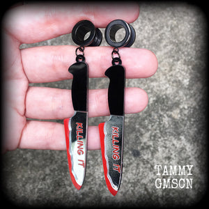 Kitchen knife tunnel earrings Halloween tunnel earrings Real life crime Crime scene clean up True crime 4mm 6mm 8mm 10mm 12mm 14mm 16mm 19mm 22mm 25mm 28mm 30mm Body jewelry Horror movie Slasher movie Gauged earrings Stretched lobes Stretched ears 