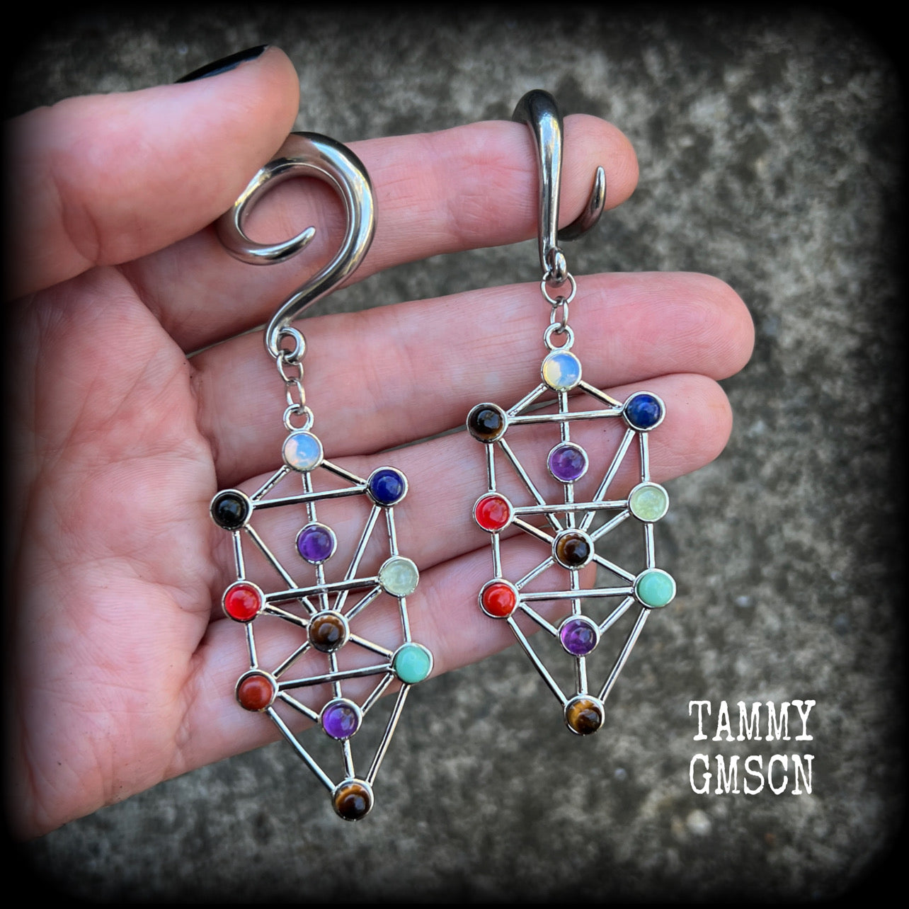 Gemstone Tree of life gauged earrings-Kabbalah-Qabalah jewelry