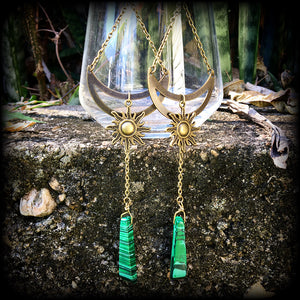 Temple of Dagon HP Lovecraft jewelry Esoteric jewelry Gemstone earrings Malachite earrings Sun and moon earrings Shoulder dusters Pierced ears Stretched lobes Ancient Ones
