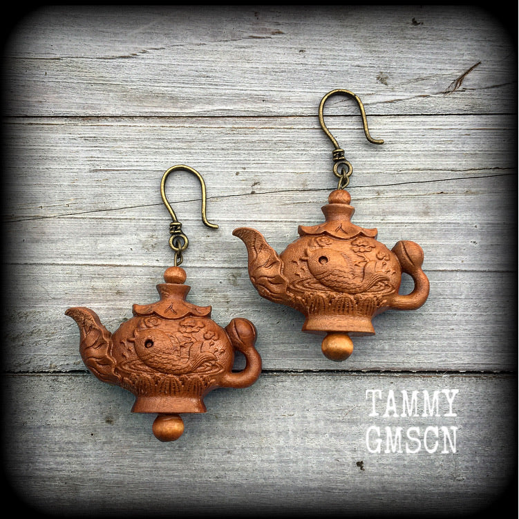 Teapot earrings-Carved wood earrings